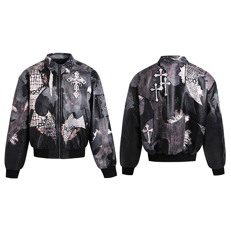 Cross Patchwork Snake Print PU Leather Jacket WN17085