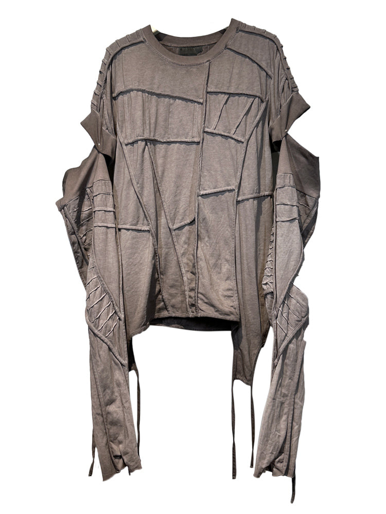 Asymmetrical Pleats Mud-Dyed Detachable Sleeve Short Sleeve T-Shirt WN13964