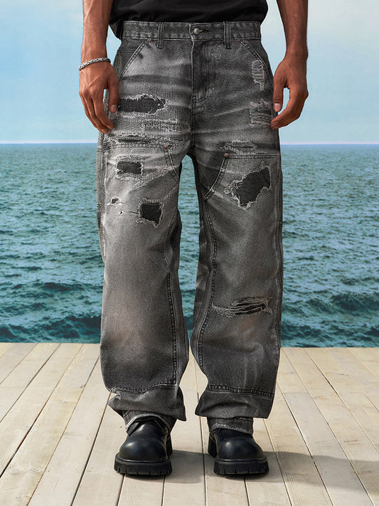 Damage Wash Straight Denim Jeans WN23221