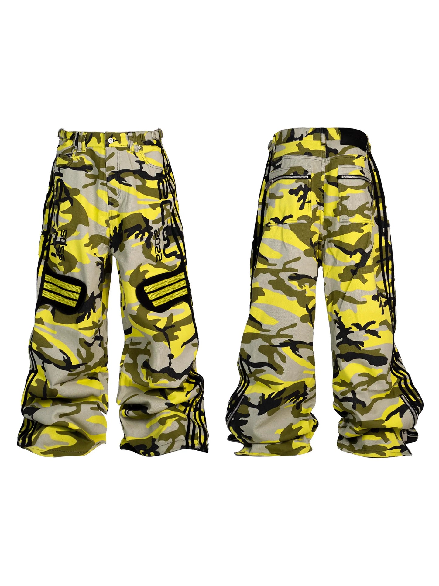 Racing Suede Knee Guard Mesh Patchwork Yellow Camouflage Straight Pants WN18110