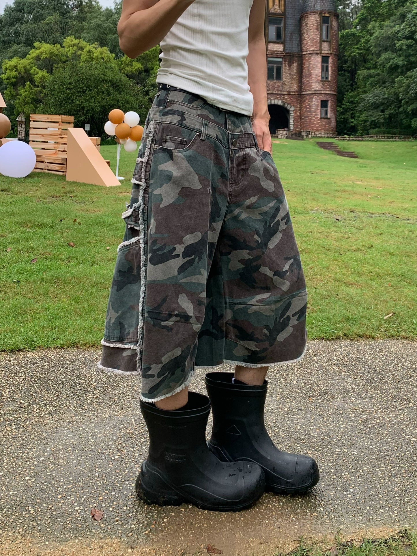 Double Waistband Camouflage Wash Half Pants WN19747