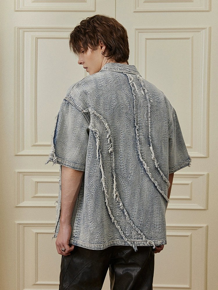 Washed Edge Patch Embroidery Denim Short Sleeve Jacket WN17847