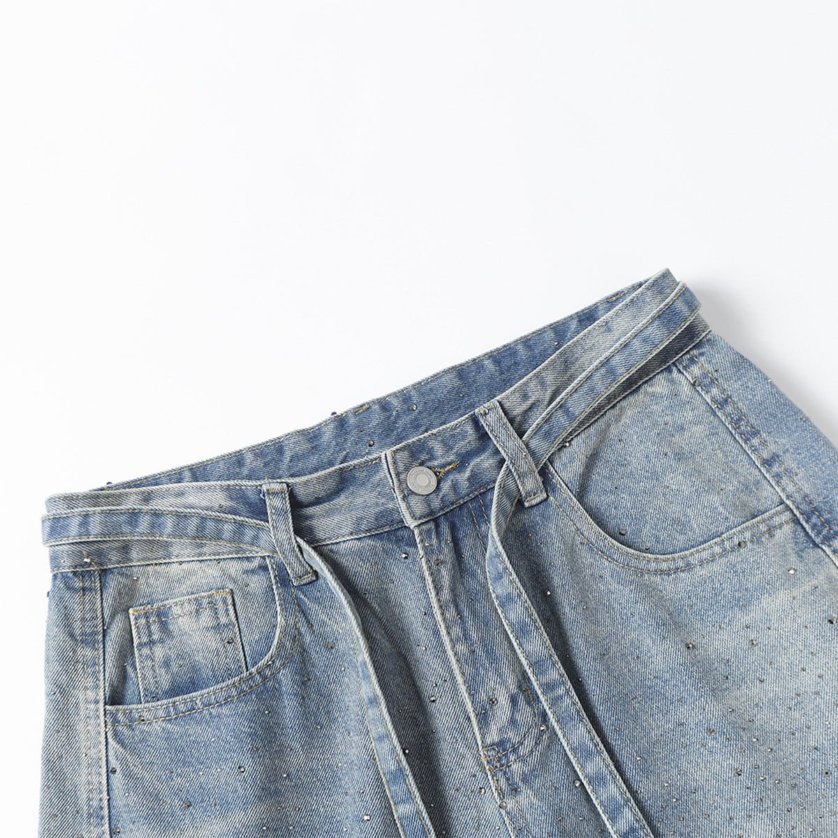 Rhinestone Drawstring Wide Leg Denim Jeans WN25560