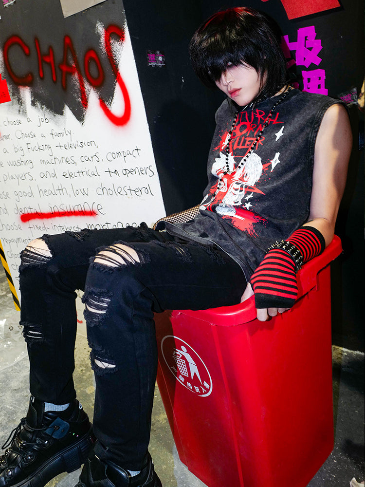 Graphic Design Washed Loose Sleeveless T-Shirt WN15903