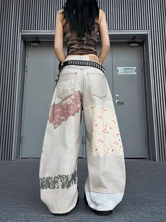 3D Digital Print Mixed Fabric Wide Leg Denim Jeans WN24175