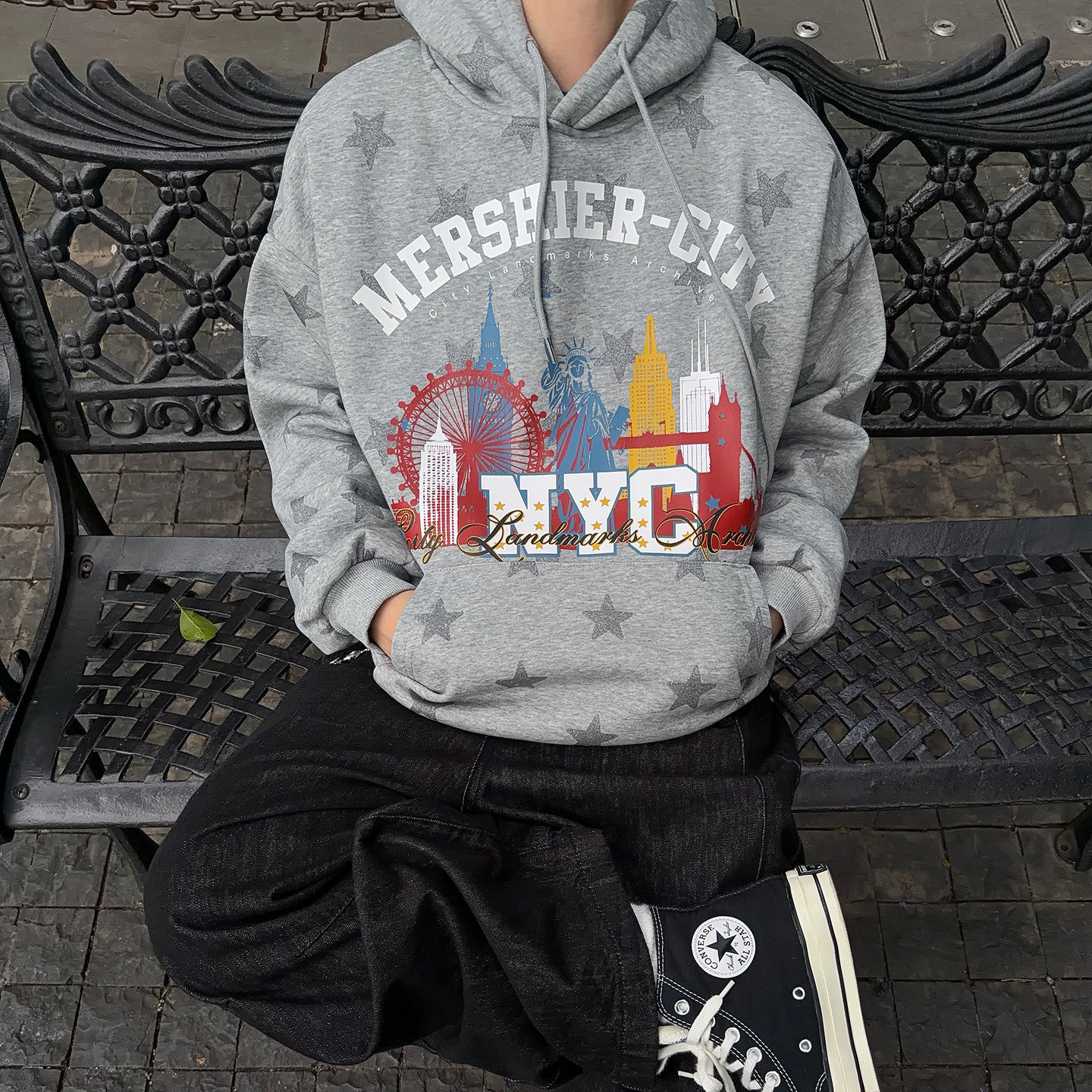 Star Print Fleece Oversize Pullover Hoodie WN24359