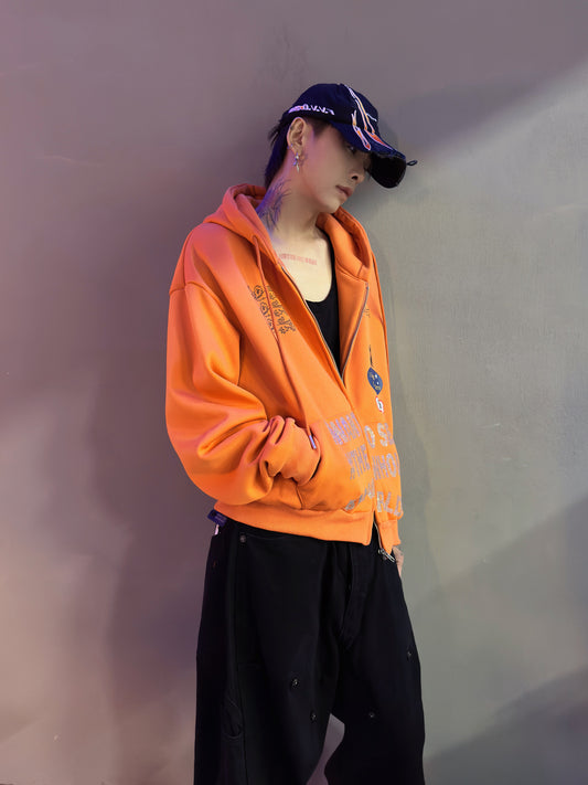 Rhinestone Design Fleece Zipper Hoodie WN22950