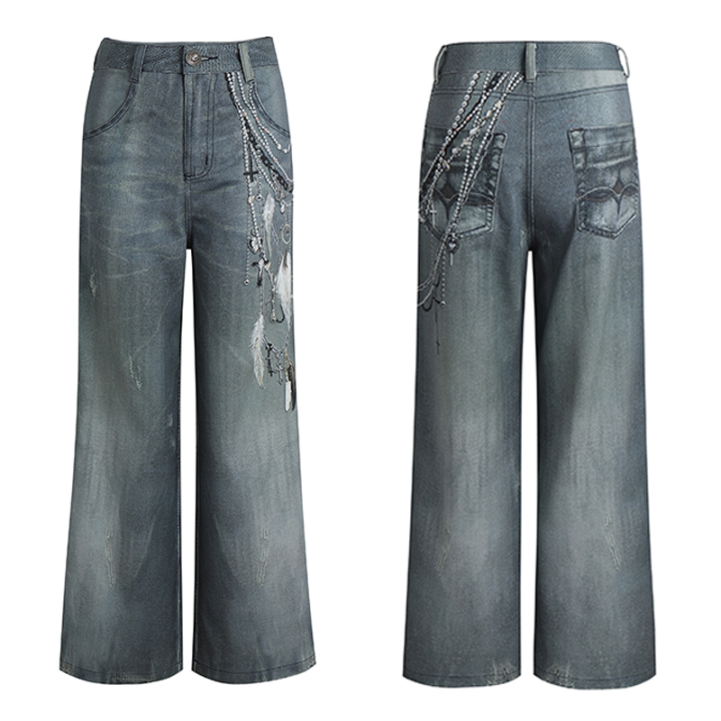 3D Pearl Chain Print Washed Damage Flare Denim Jeans WN17118