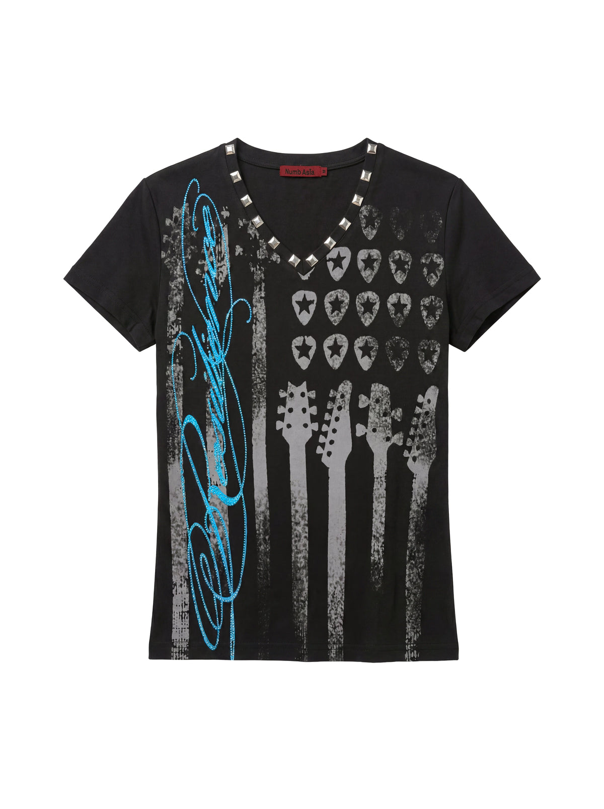 V-Neck Music Studs Graphic Print Short Sleeve T-Shirt WN27237