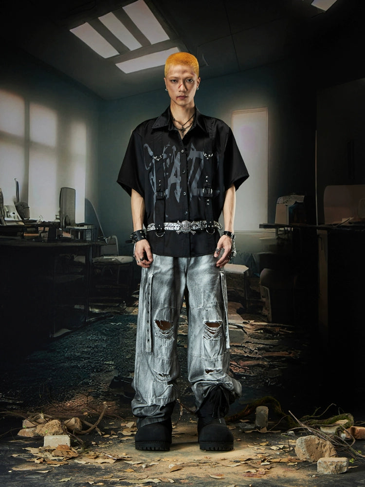 Graphic Letter Print Strap Patchwork Turn-Down Collar Short Sleeve Shirt WN18486