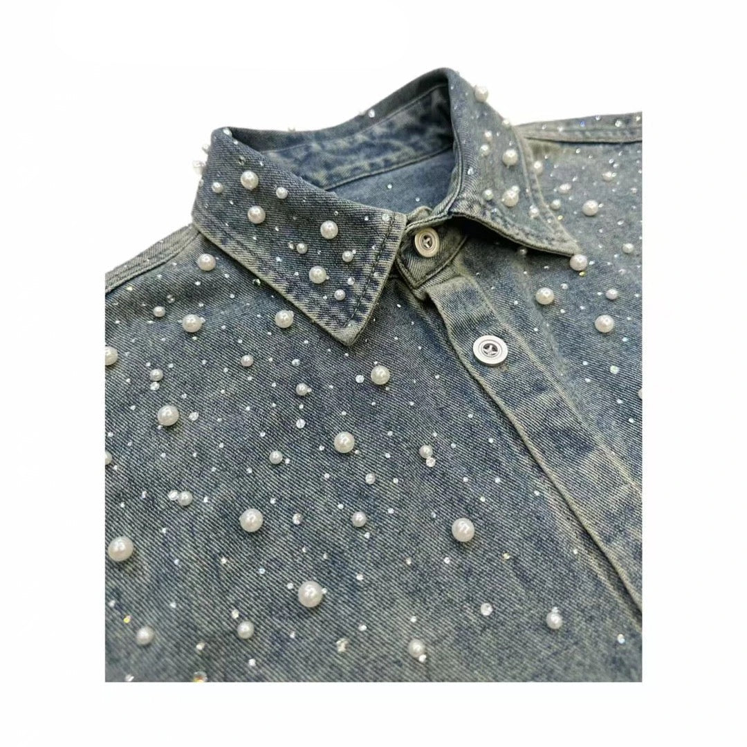 Pearl Decoration Wash Short Sleeve Denim Shirt WN20711