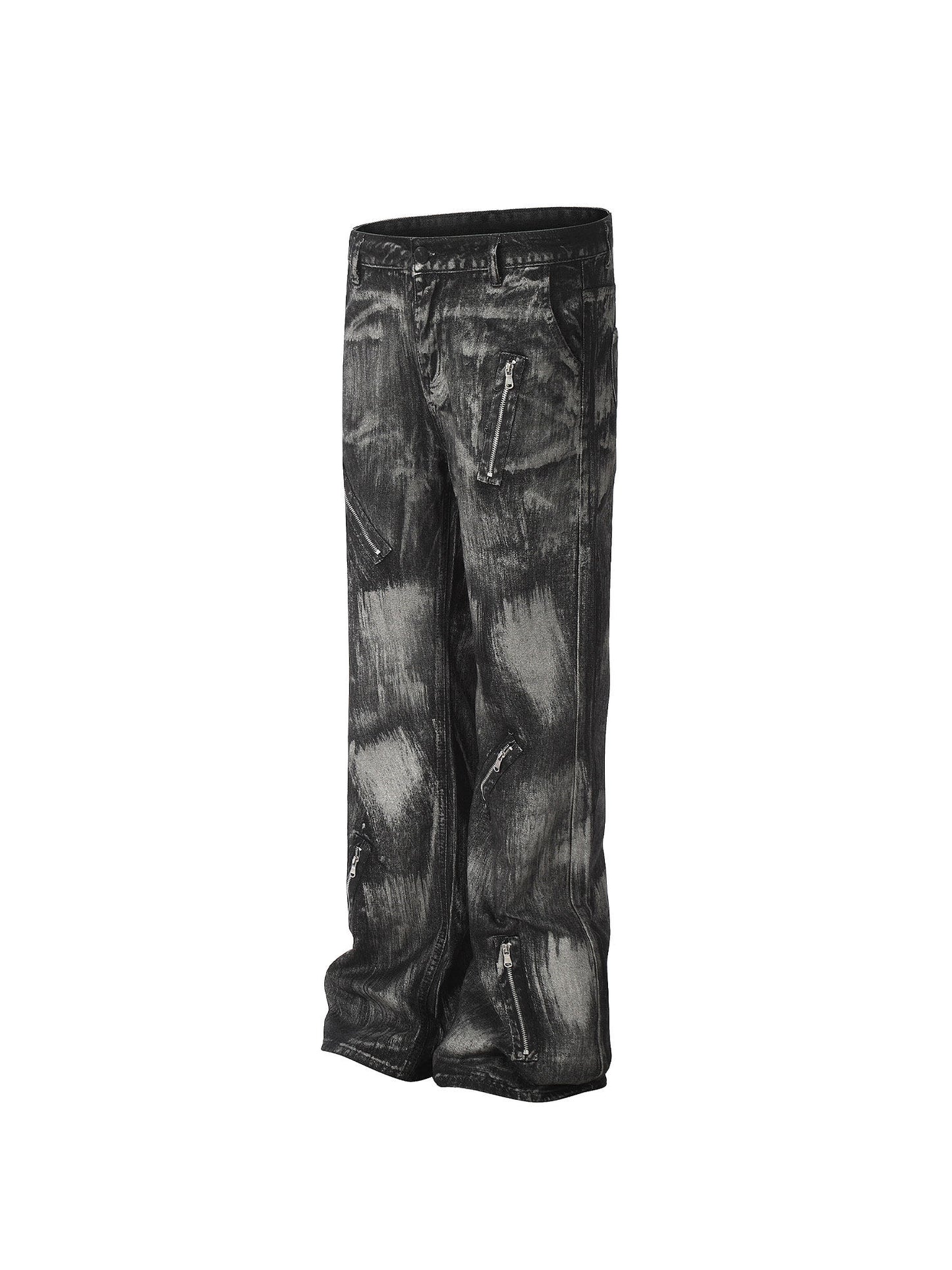 Damage Wash Zipper Wide Leg Denim Jeans WN24178
