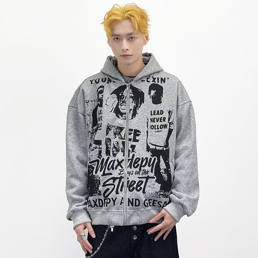 Portrait Letter Graffiti Print Zipper Hoodie WN24271