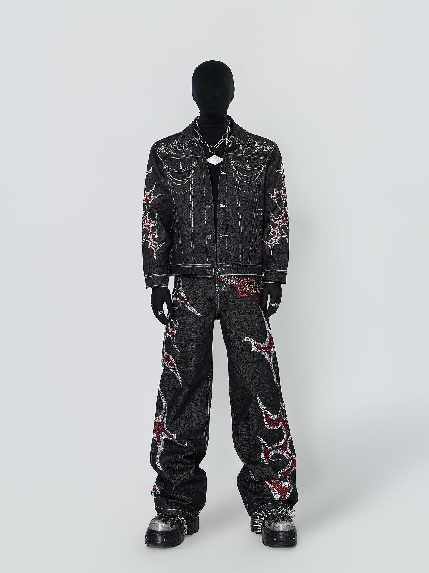 Rinestone Design Denim Jacket & Rinestone Design Wide Leg Pants Setup WN24296