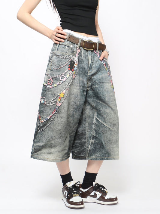 3D Print Washed Wide Leg Half Denim Jeans WN24431