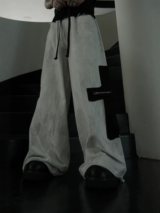 Deconstructed Curved Frayed Drawstring Wide Leg Cargo Pants WN27850