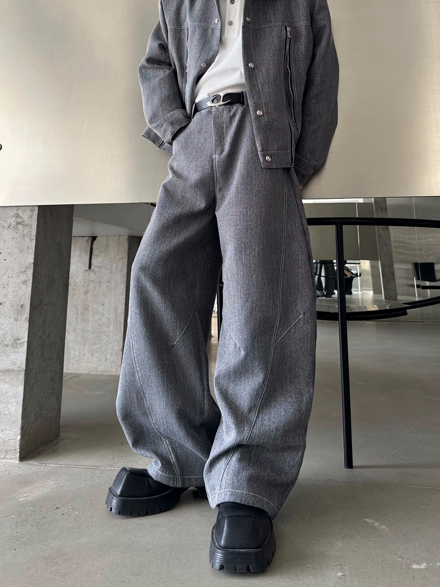 Zipper Design Jacket & Curved Wide Leg Pants Setup WN16769