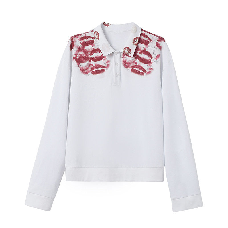 Lip Print Polo-Collar Long Sleeve Shirt WN27144