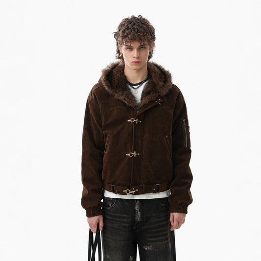 Hooded Fake Fur Collar Metal Buckle Jacket WN23092