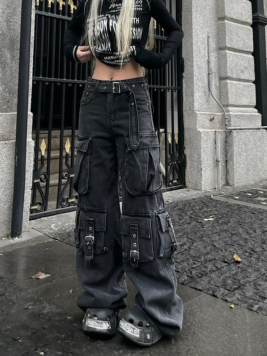 Multi-Pocket Washed Wide Leg Cargo Denim Jeans WN24220