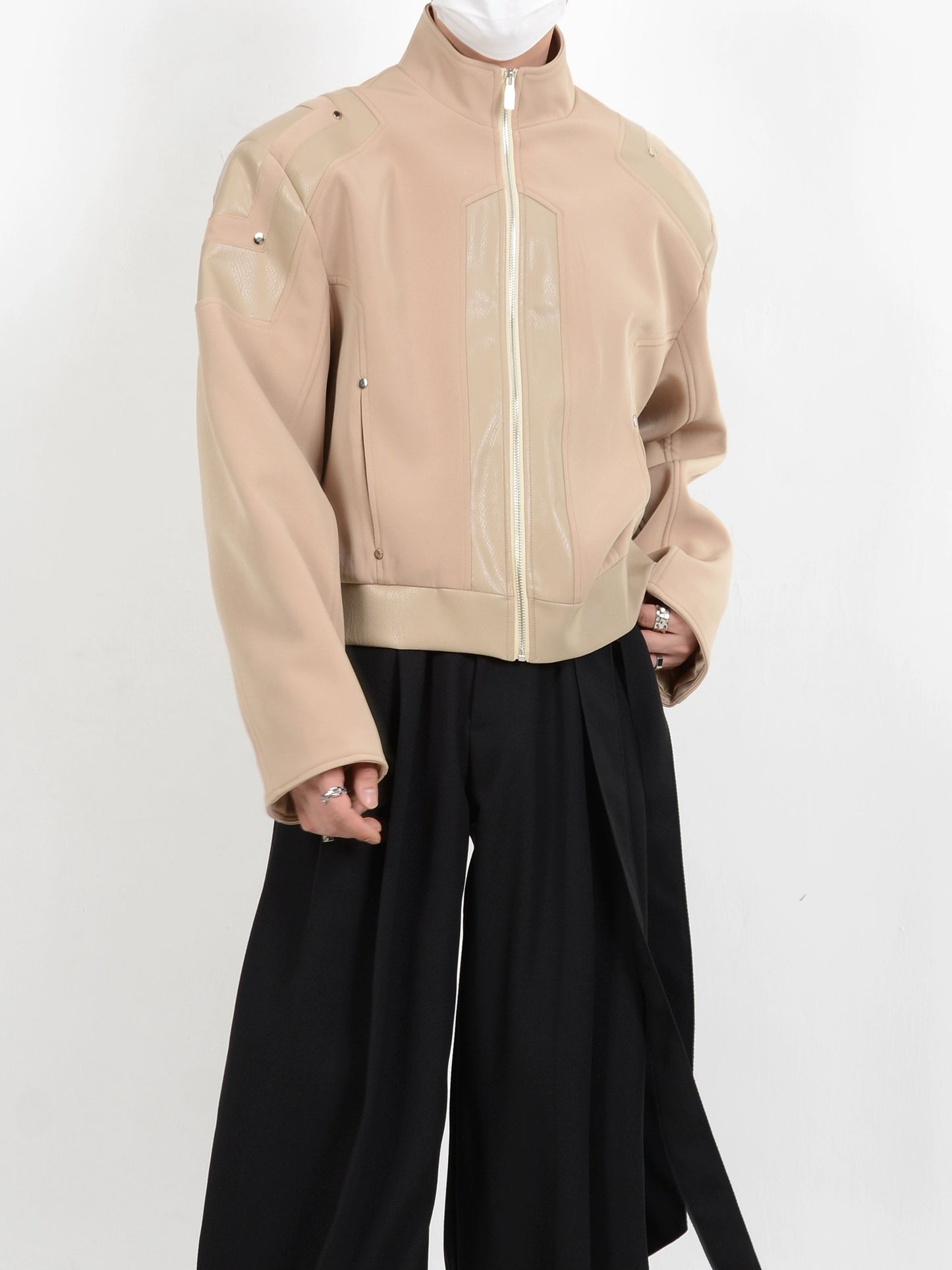 Stand Neck PU Leather Mix Short Jacket WN5116