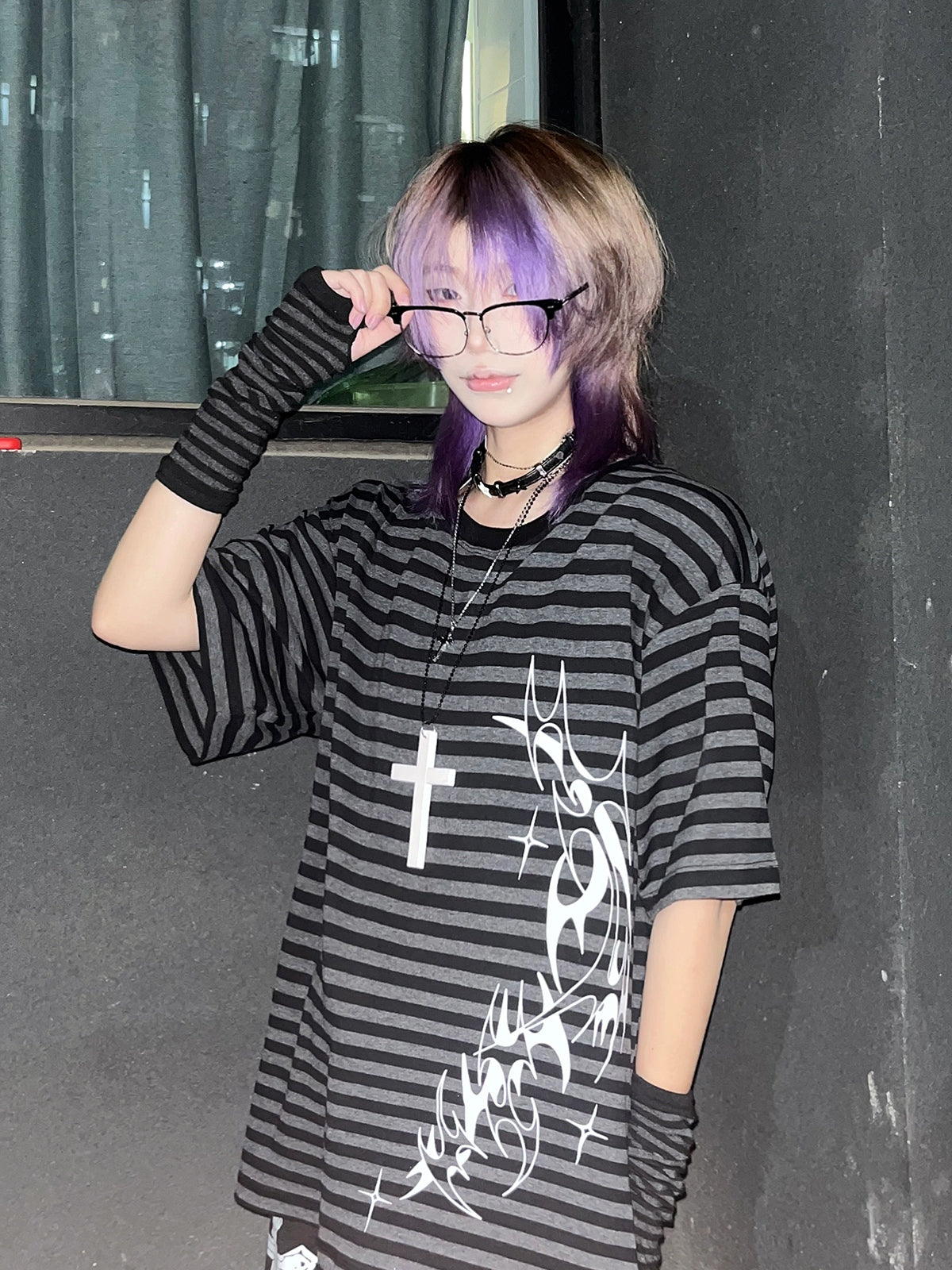 Stripe Tattoo Design Oversize Short Sleeve T-Shirt WN15605