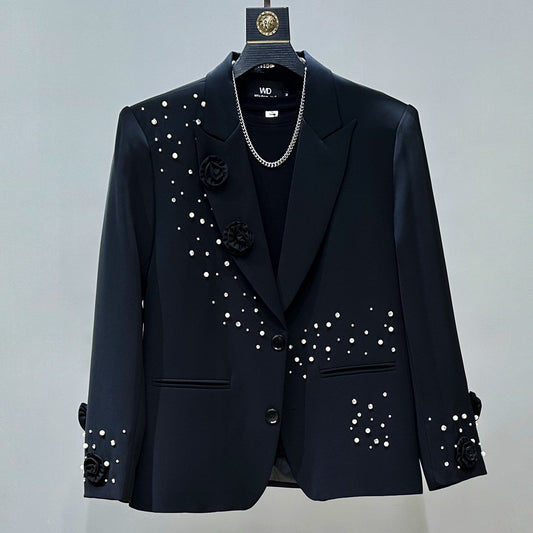 Beaded Rhinestone Tailored Jacket & Flare Trousers Setup WN23870