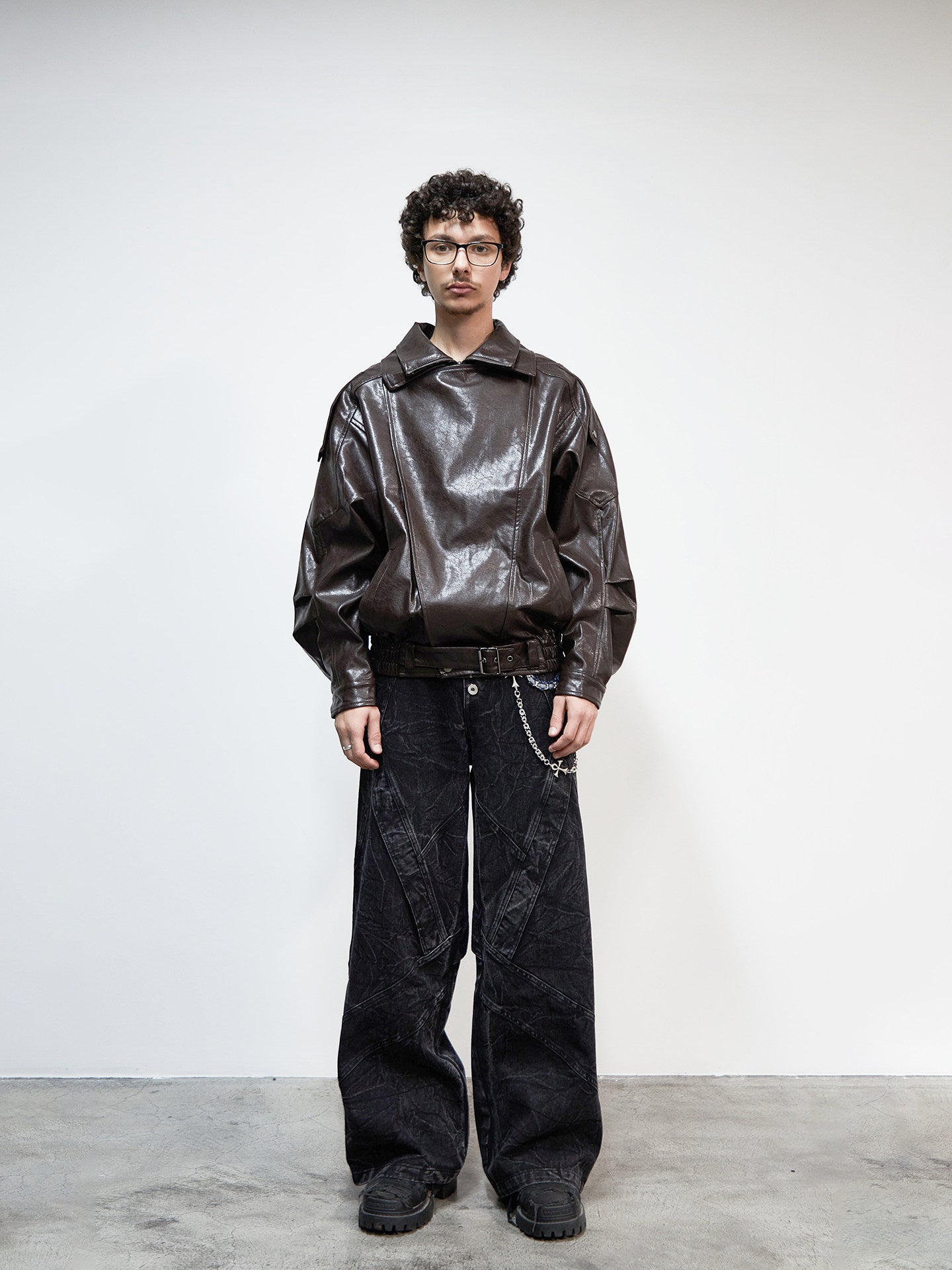 PU Leather Lapel Collar Utility Short Jacket WN22925