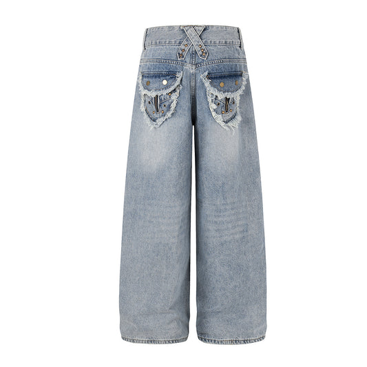 Fringe Studs Wide Leg Denim Jeans WN25804