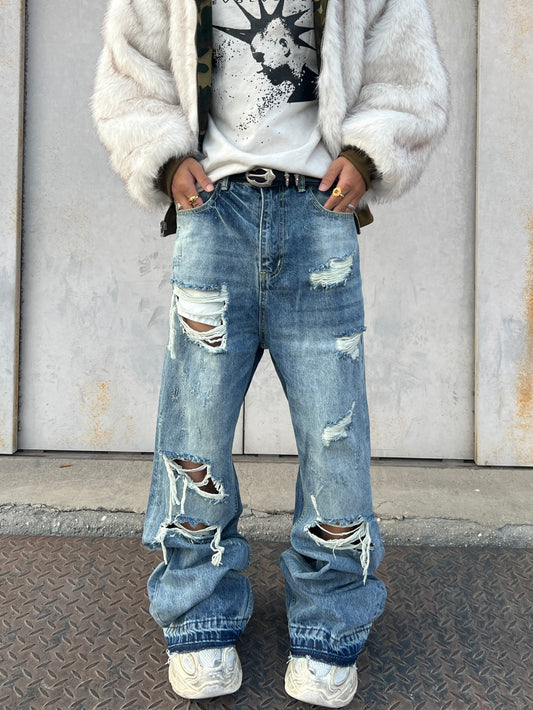 Damage Washed Flare Denim Jeans WN24128