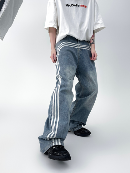 Three Bar Stripe Wide-leg Straight Casual Denim Jeans WN4923