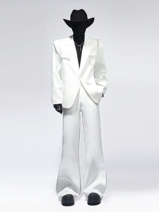 Chain Decor Tailored Jacket & Wide Leg Trousers Setup WN23664