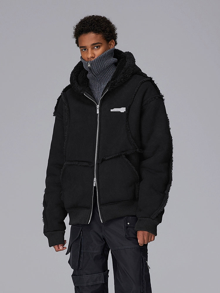Suede Asymmetric Raw Hem Fleece Zipper Hoodie WN17901