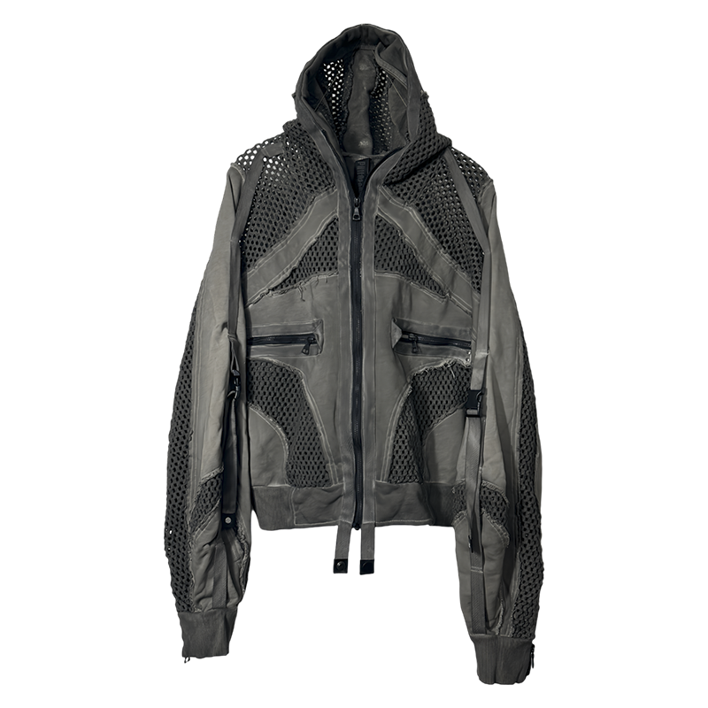 Deconstructed Mesh Patch Washed Zipper Hoodie WN21987