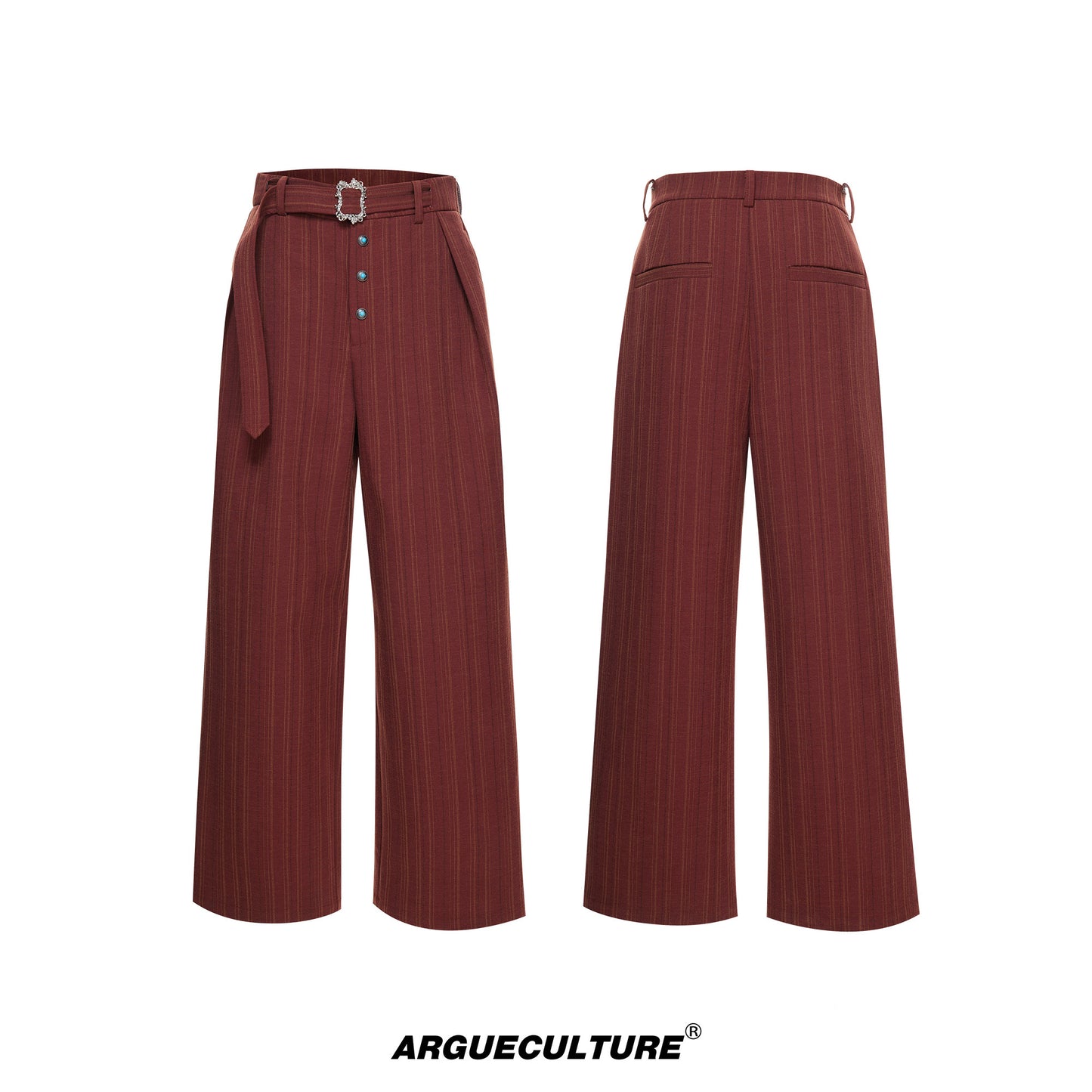 Pleats Stripe High-Waist Belt Straight Trousers WN23317