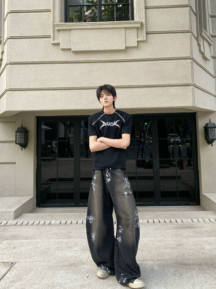 Graphic Embroidery Zipper Short Sleeve T-Shirt WN20747