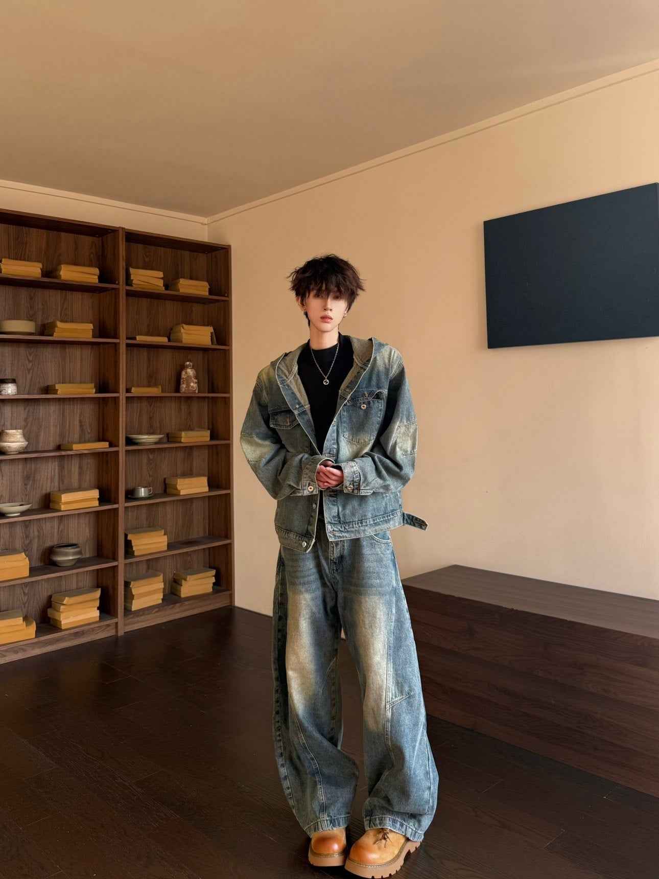 Washed Deconstructed Hooded Jacket & Curved Denim Jeans Setup WN23149