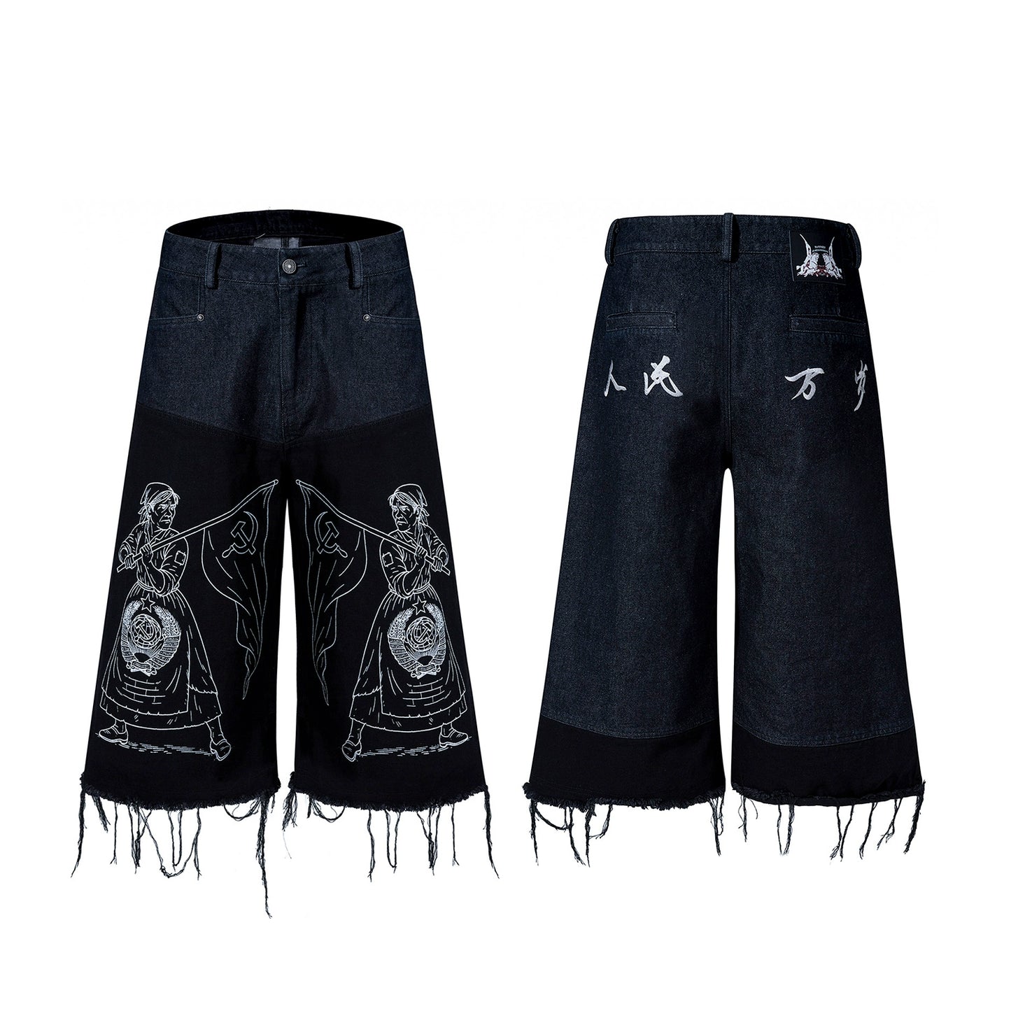 Graffiti Art Embroidery Print Patchwork Fringe Denim Half Pants WN18802