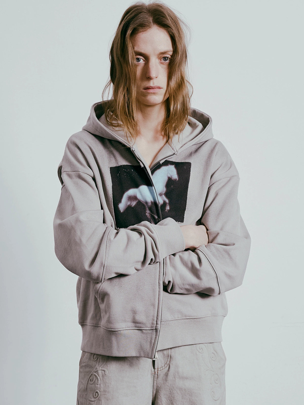 Horse Print Spray-Dye Zipper Hoodie WN19035