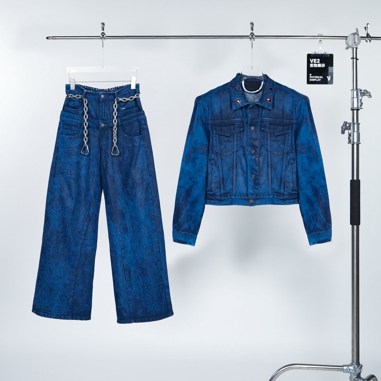 Wax Coated Short Denim Jacket & Wax Coated Wide Leg Denim Jeans Setup WN24308