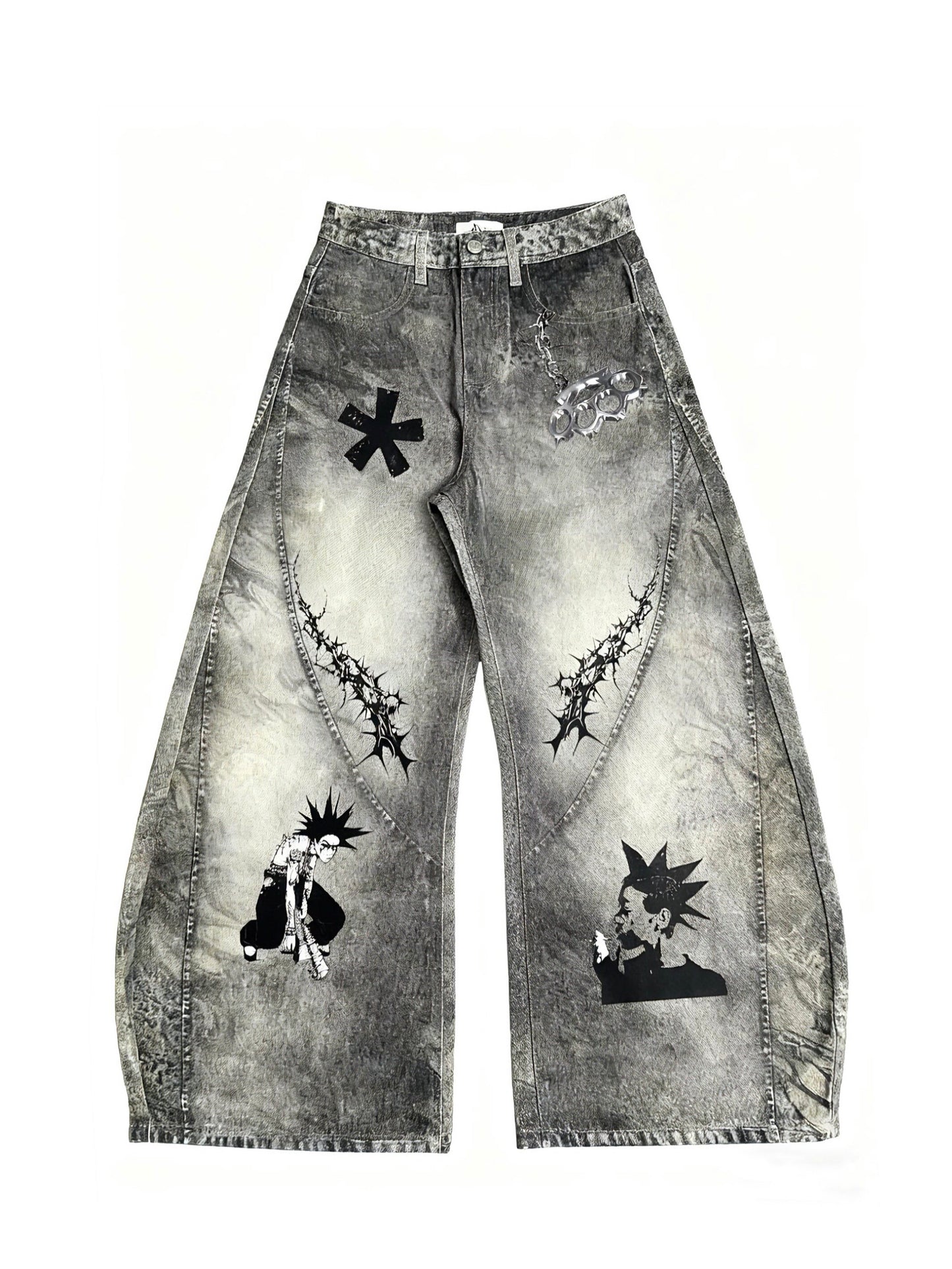 Graffiti Print Damage Wide Leg Denim Jeans WN24112