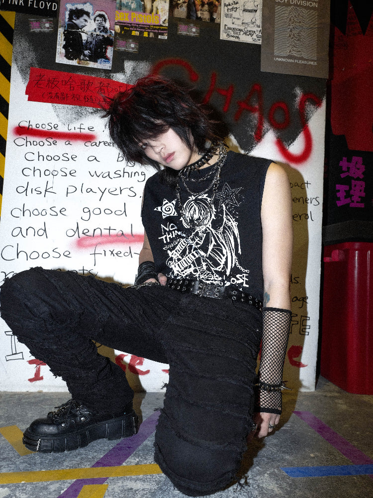 Graffiti Design Washed Sleeveless T-Shirt WN15873