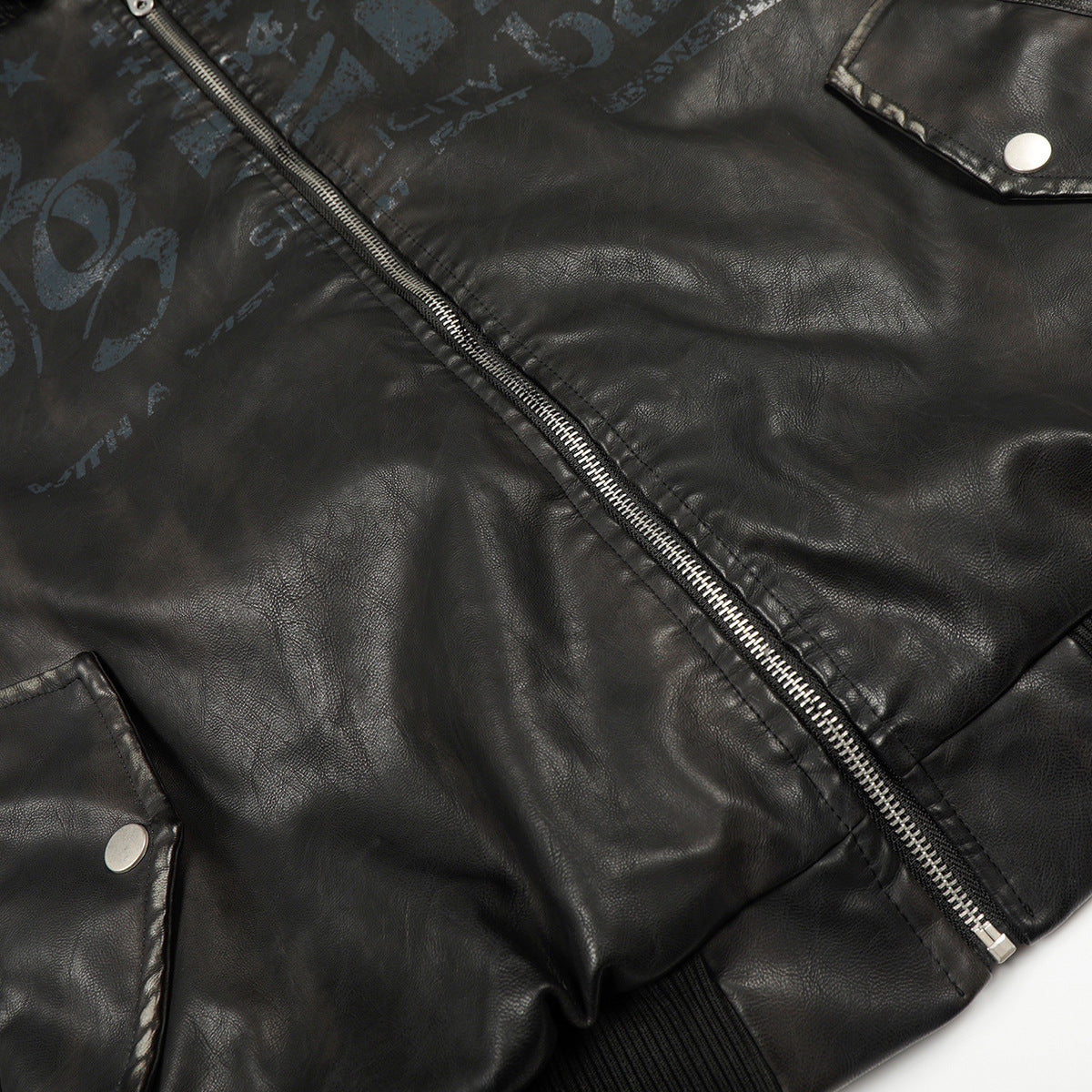 Graphic Print Fake Fur Collar PU Leather Zipper Jacket WN21888