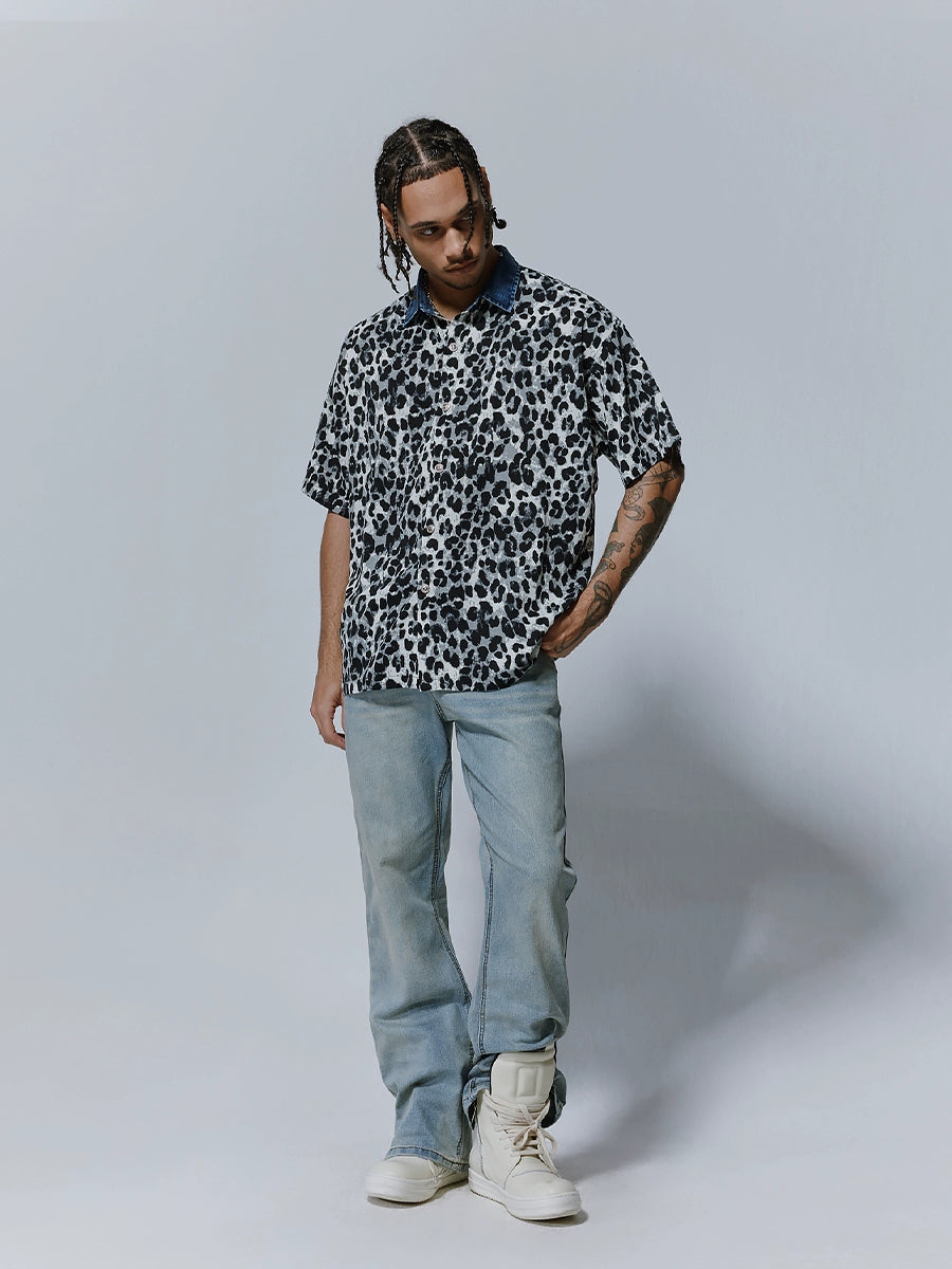 Leopard Print Spread-Collar Short Sleeve Shirt WN17500