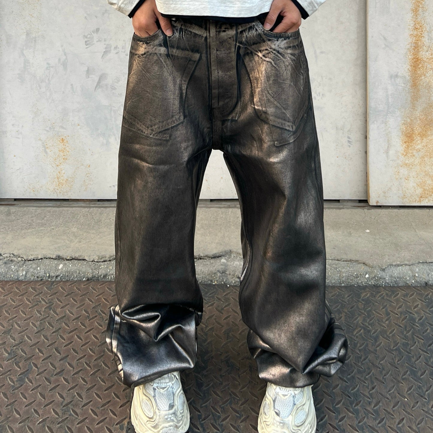 Metallic Glossy Wide Leg Denim Jeans WN24062