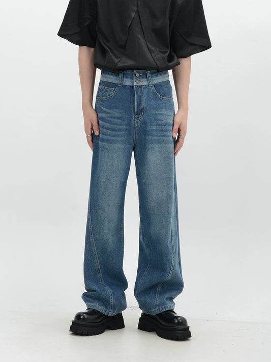 Washed Double Waist Straight Denim Jeans WN6115