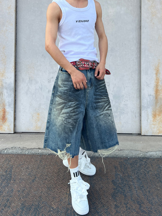 Damage Wash Wide Leg Denim Half Pants WN24078