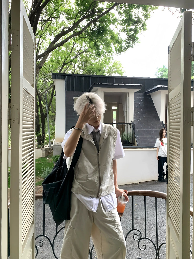 Hooded Sleeveless Vest Jacket & Cargo Pants Setup WN19785