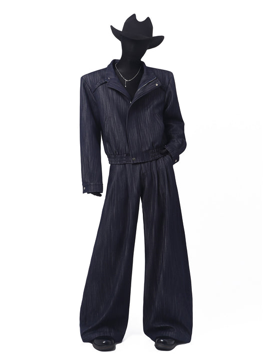 Pleats Standing-Collar Short Jacket & Pleats Wide Leg Trousers Setup WN23693