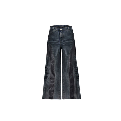 PU Leather Mix Wide Leg Denim Jeans WN5595